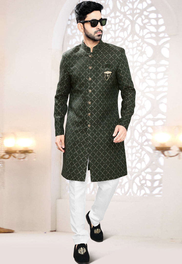 Green Jacquard Indo Western Suit