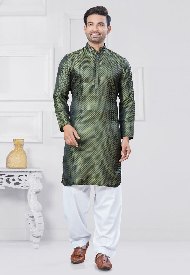 Green Jacquard Silk Pathani Suit