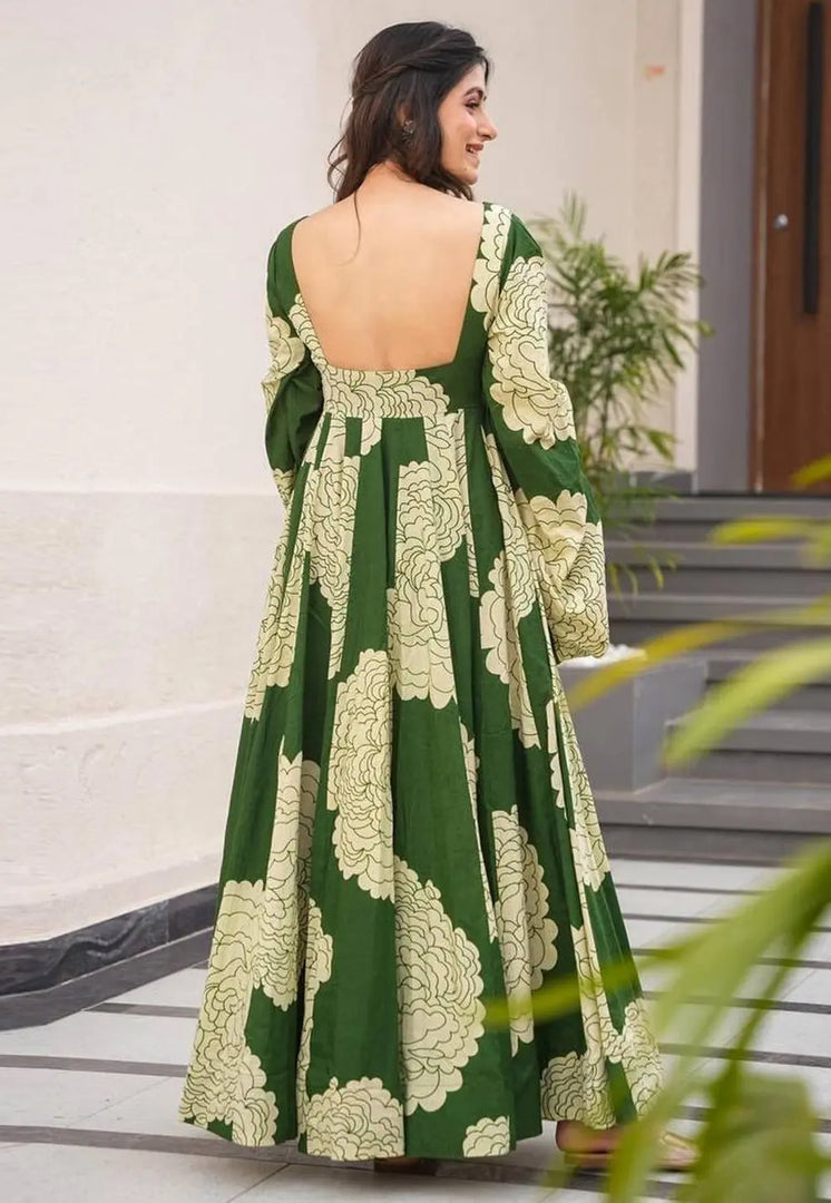 Green Muslin Printed Gown