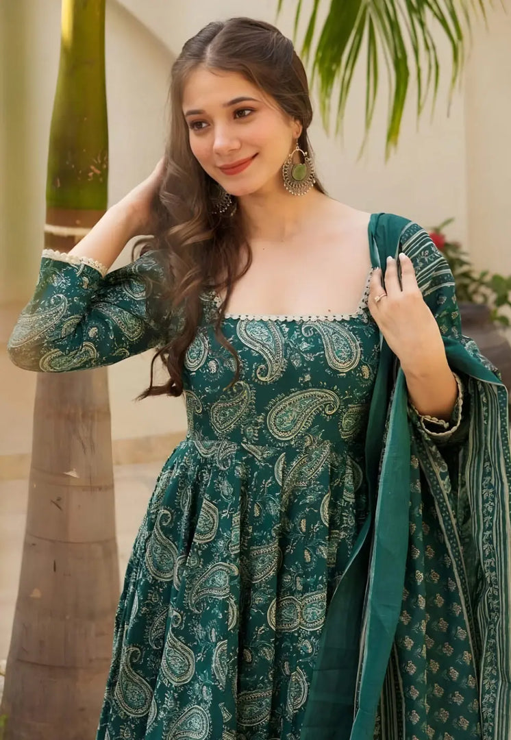 Green Muslin Readymade Anarkali Suit