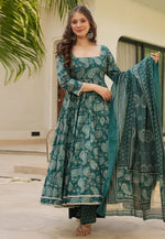 Load image into Gallery viewer, Green Muslin Readymade Anarkali Suit
