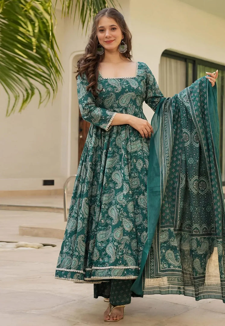 Green Muslin Readymade Anarkali Suit