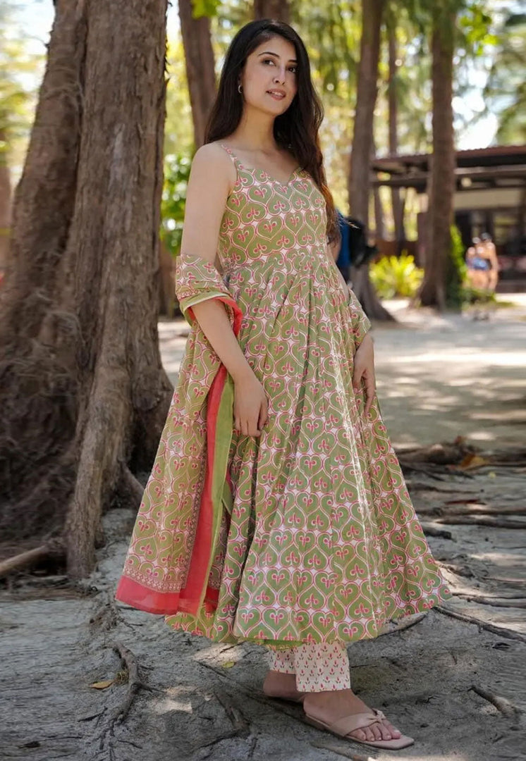 Green Muslin Readymade Anarkali Suit