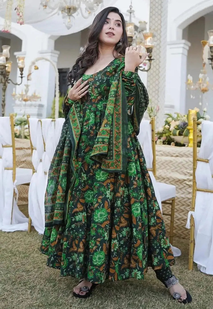 Green Muslin Readymade Anarkali Suit