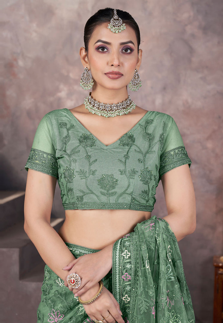 Green Net Saree With Blouse
