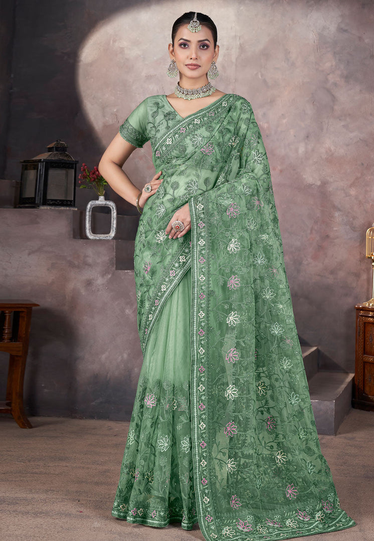 Green Net Saree With Blouse