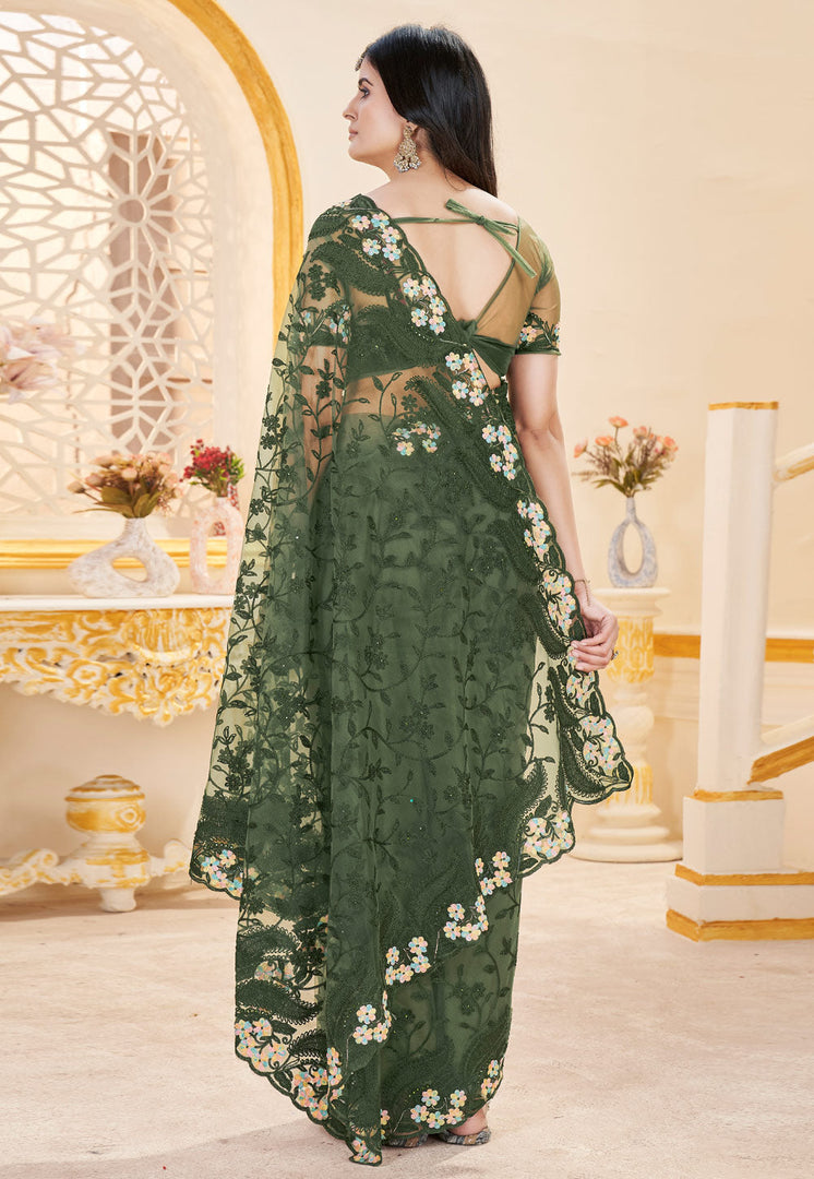 Green Net Saree With Blouse
