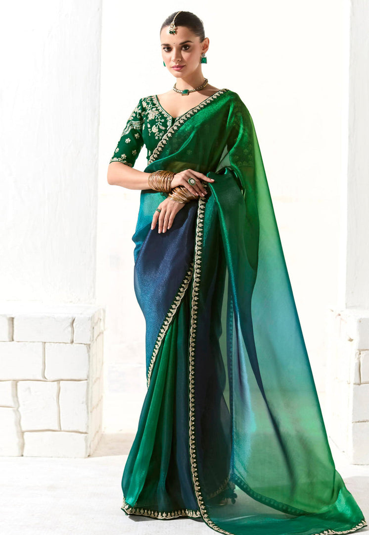 Green Organza Half N Half Saree