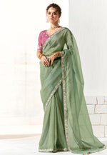 Load image into Gallery viewer, Green Organza Saree With Blouse
