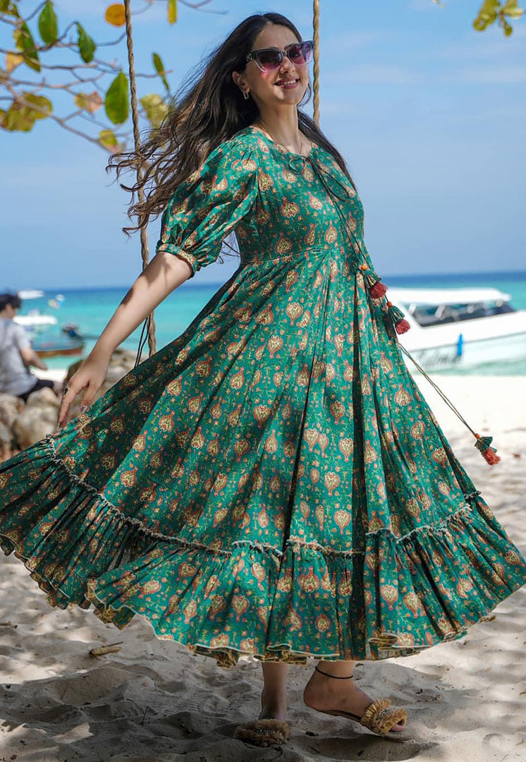 Green Rayon Printed Gown