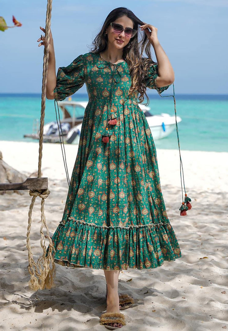 Green Rayon Printed Gown