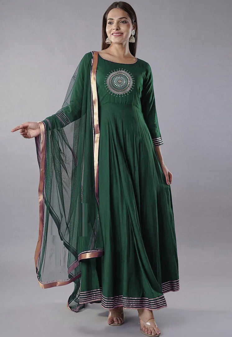 Green Rayon Readymade Long Anarkali Suit