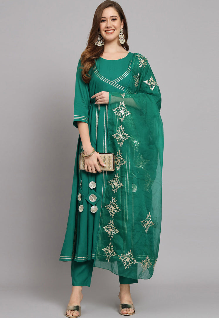 Green Rayon Readymade Pant Style Suit