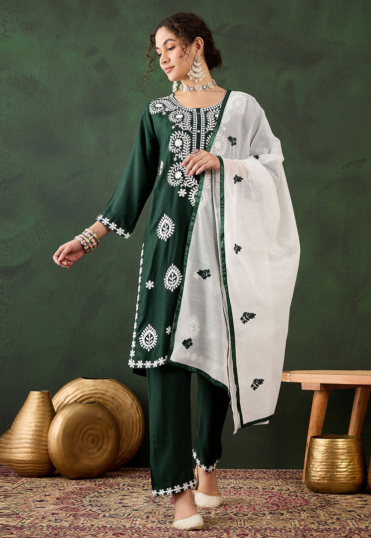 Green Rayon Readymade Pant Style Suit