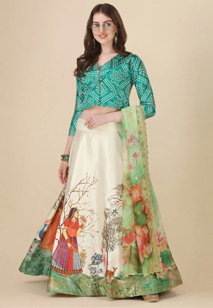 Green Satin Silk A Line Lehenga Choli