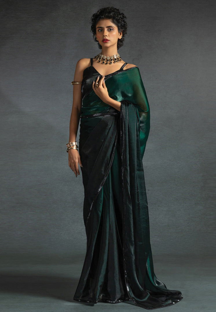 Green Satin Silk Saree With Blouse