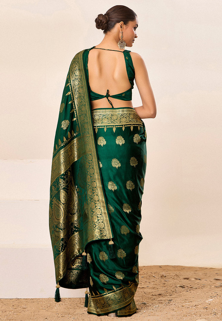 Green Satin Silk Saree With Blouse