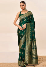 Load image into Gallery viewer, Green Satin Silk Saree With Blouse
