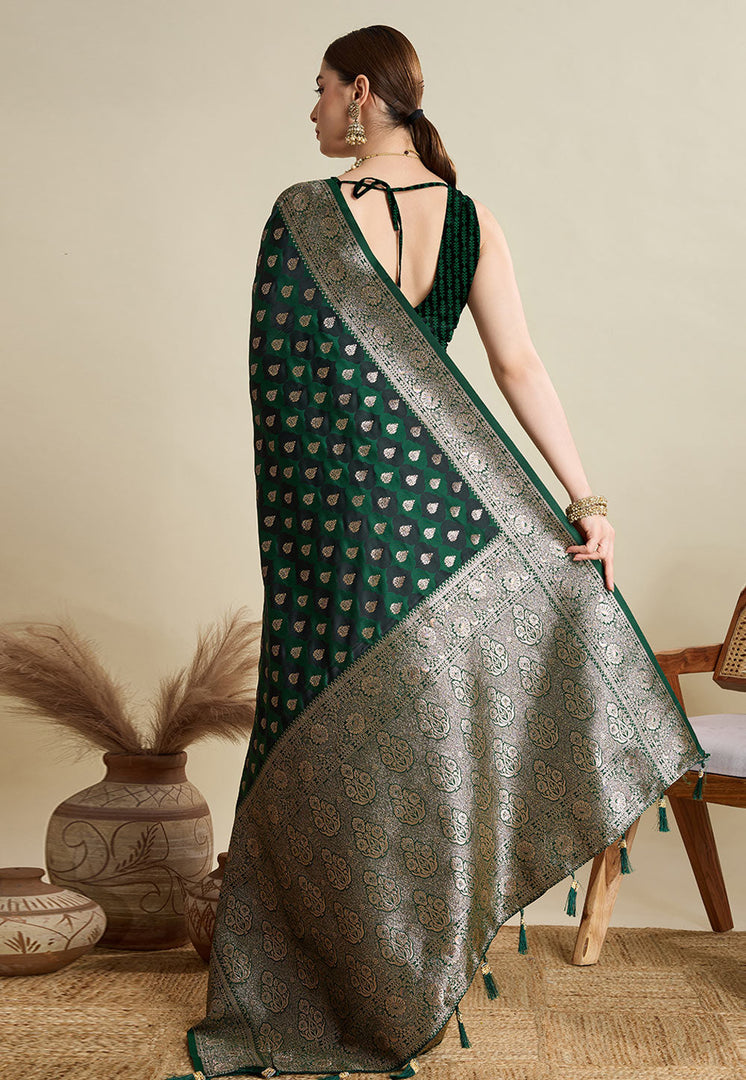 Green Satin Silk Saree With Blouse