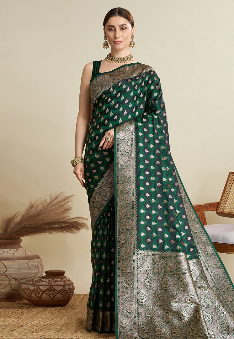 Green Satin Silk Saree With Blouse