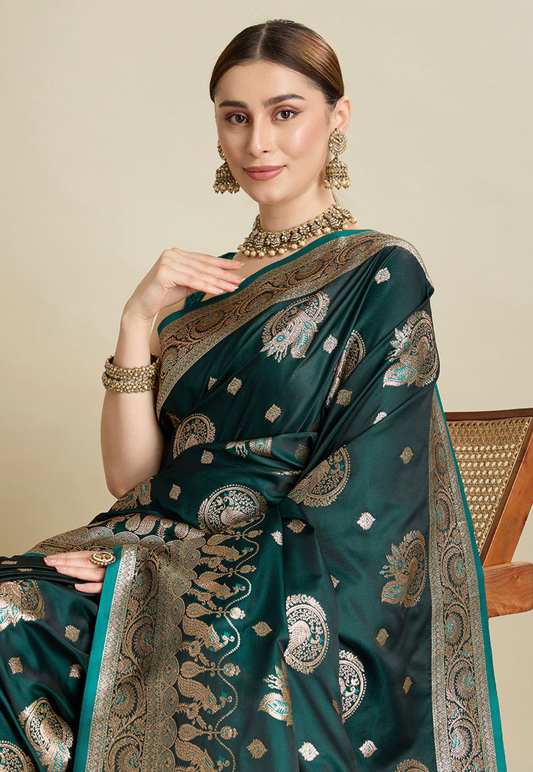 Green Satin Silk Saree With Blouse