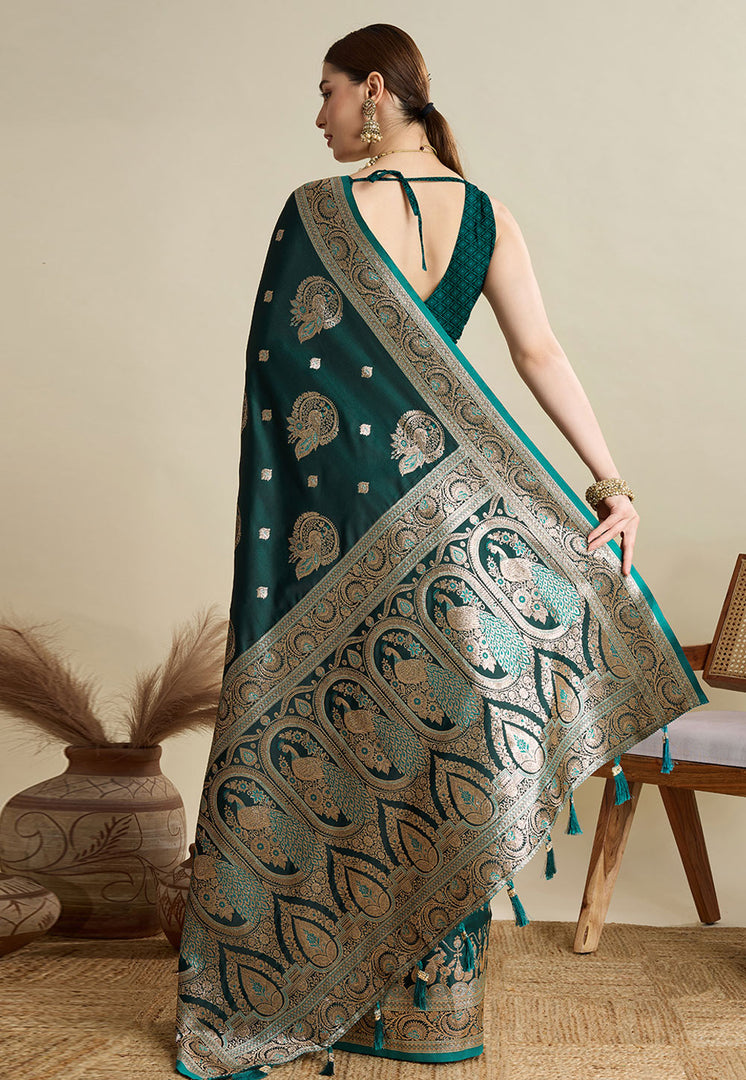 Green Satin Silk Saree With Blouse