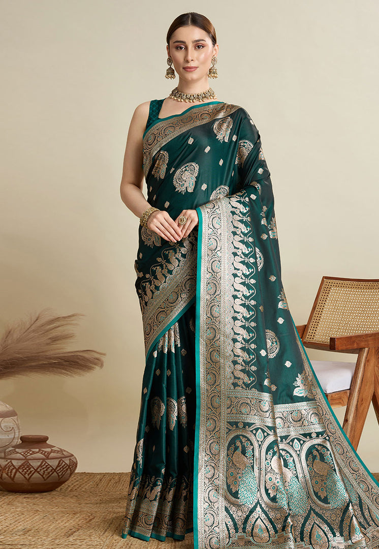 Green Satin Silk Saree With Blouse