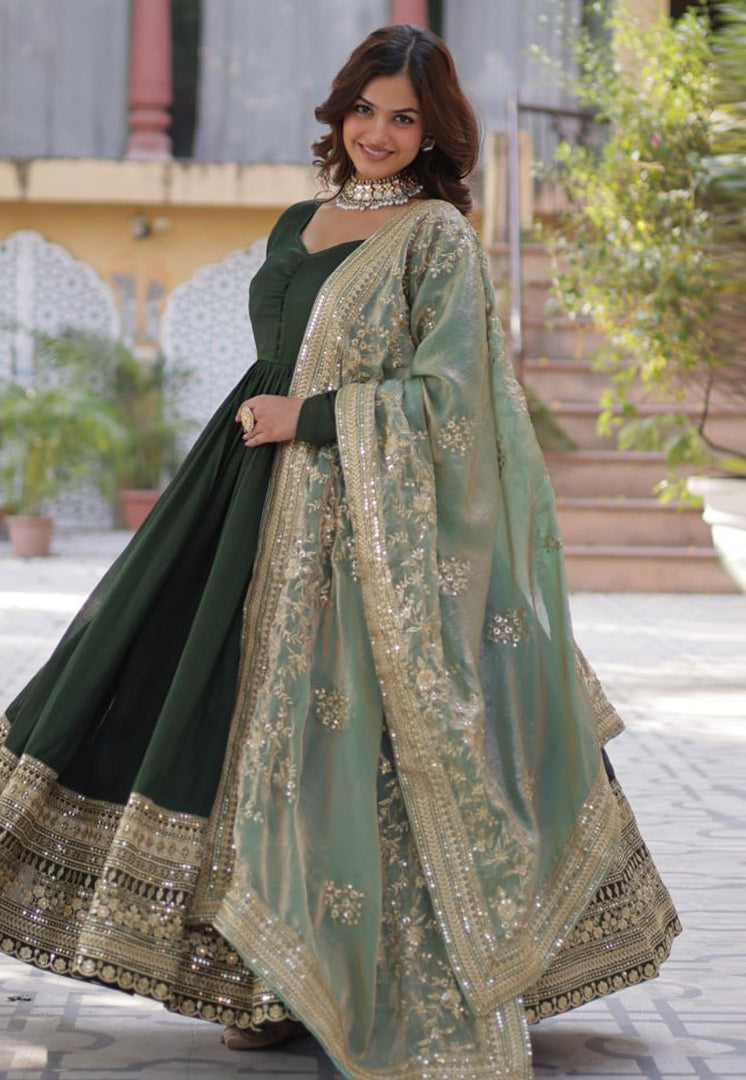 Green Shimmer Readymade Long Anarkali Suit