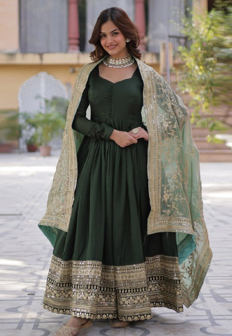 Green Shimmer Readymade Long Anarkali Suit