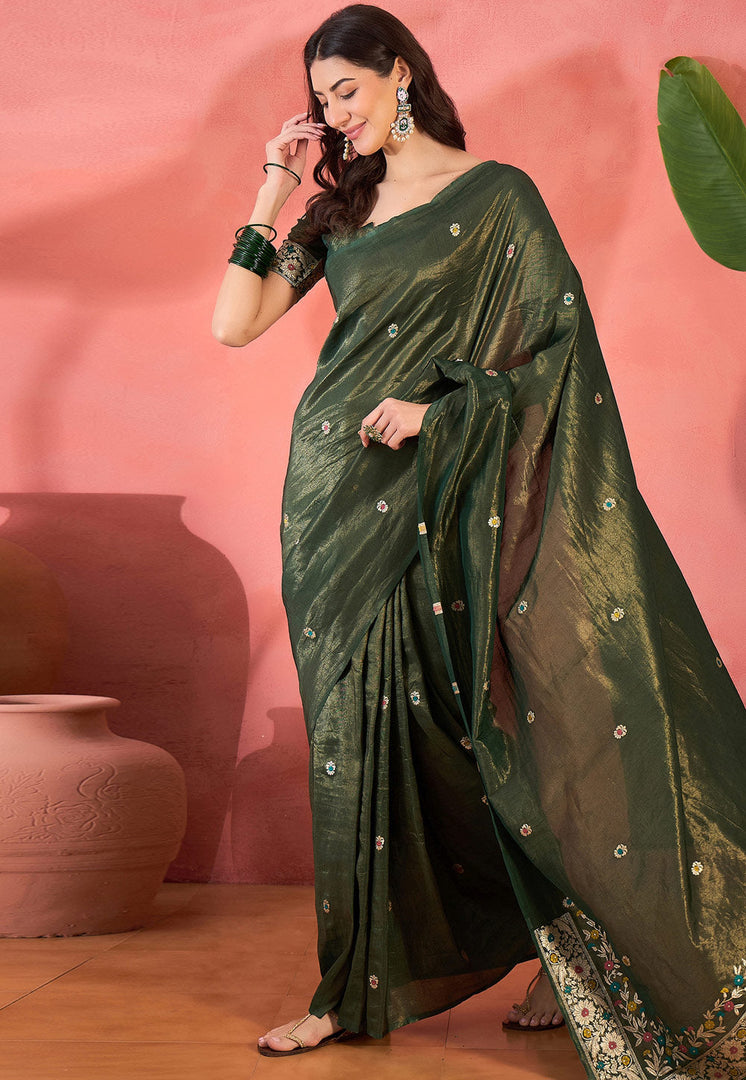 Green Shimmer Saree With Blouse