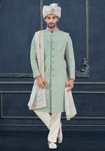 Load image into Gallery viewer, Green Silk Achkan Style Sherwani
