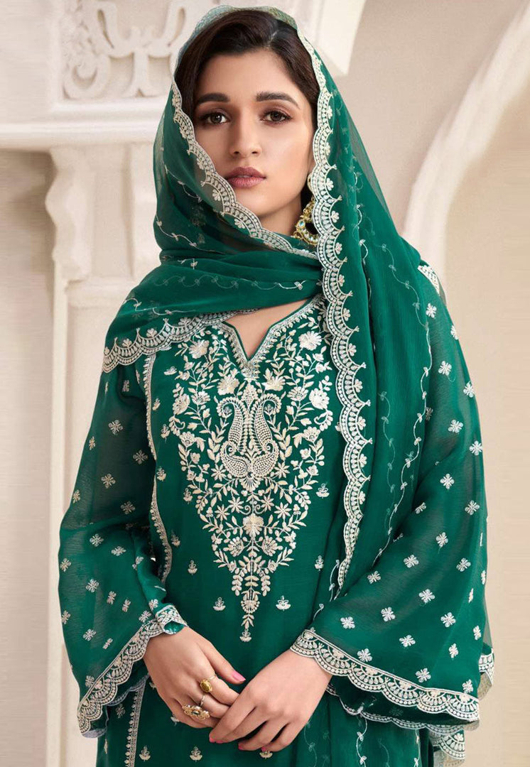 Green Silk Chiffon Straight Suit