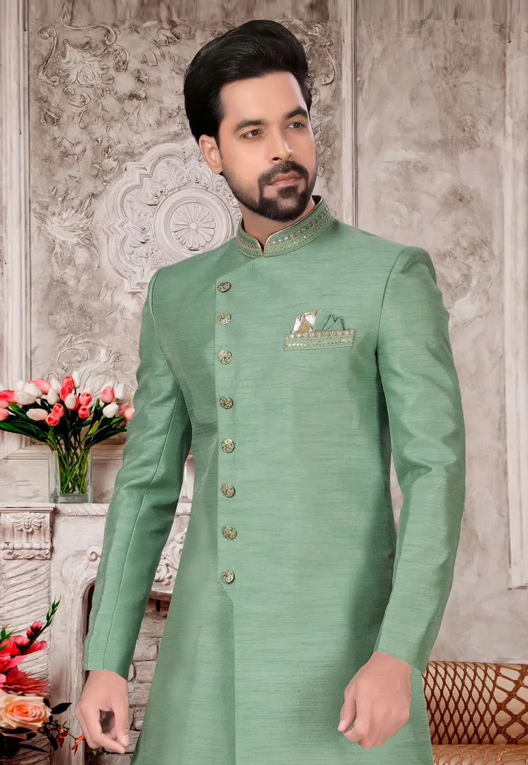 Green Silk Dhoti Sherwani