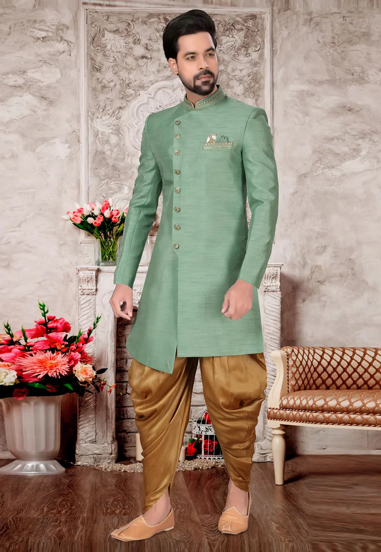 Green Silk Dhoti Sherwani