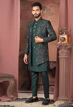 Load image into Gallery viewer, Green Silk Jacket Style Sherwani
