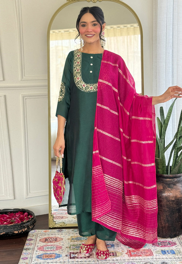 Green Silk Readymade Pakistani Suit