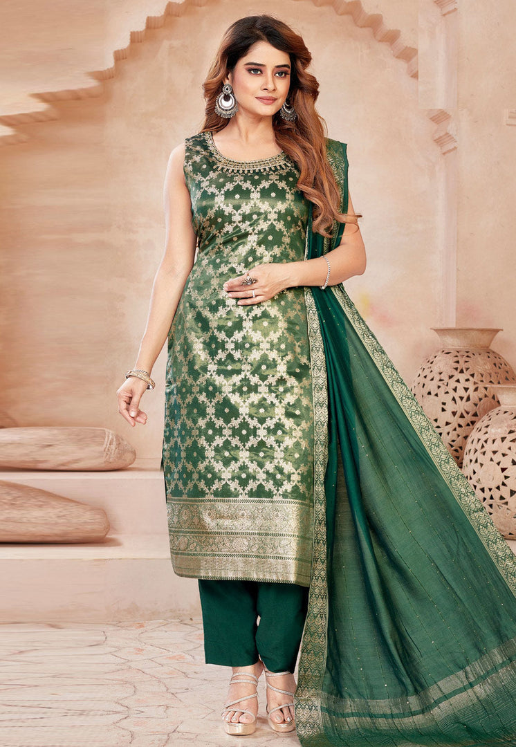 Green Silk Readymade Pakistani Suit