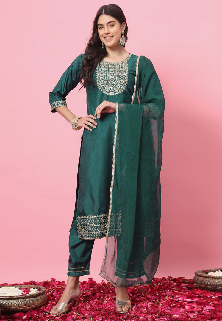 Green Silk Readymade Pakistani Suit