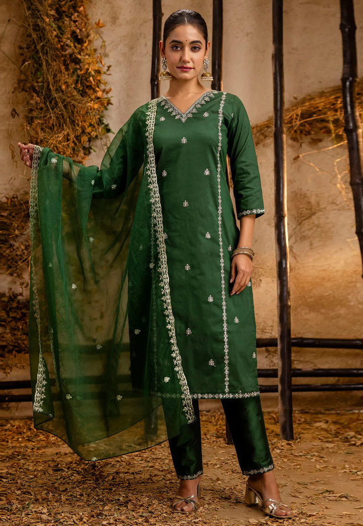 Green Silk Readymade Pant Style Suit