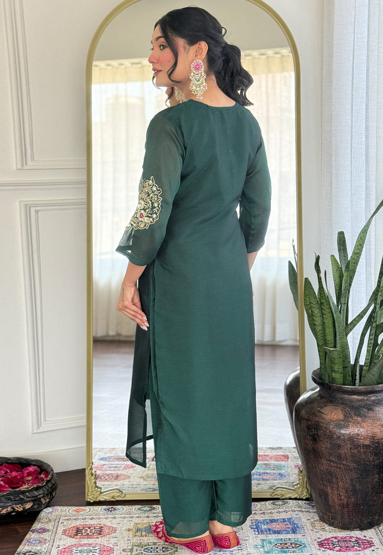 Green Silk Readymade Pant Style Suit