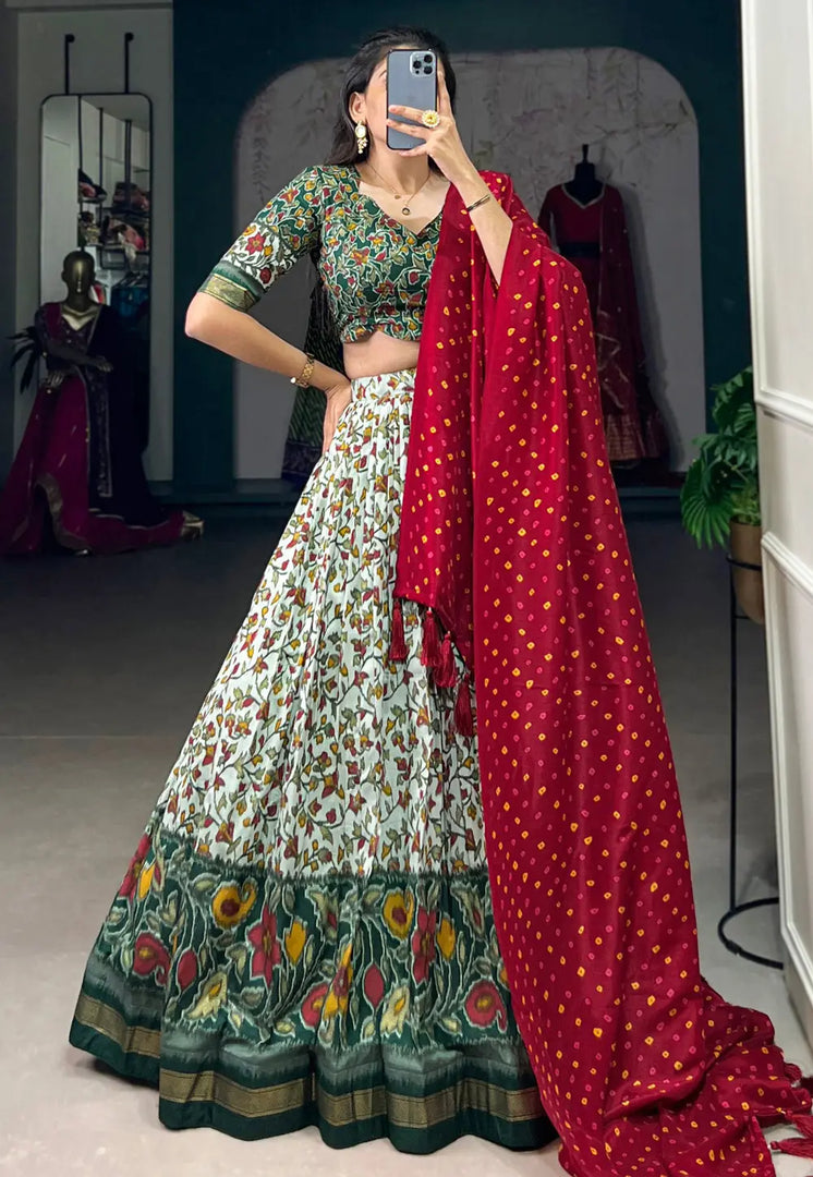 Green Tussar Silk Floral Lehenga choli
