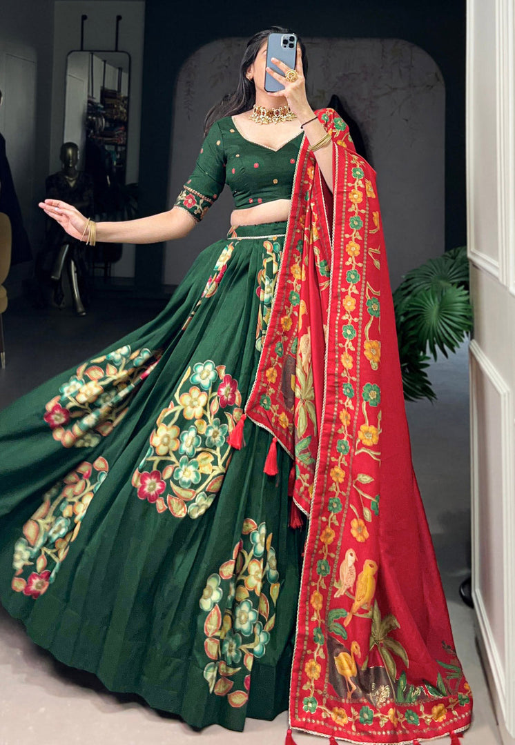 Green Tussar Silk Floral print Lehenga choli