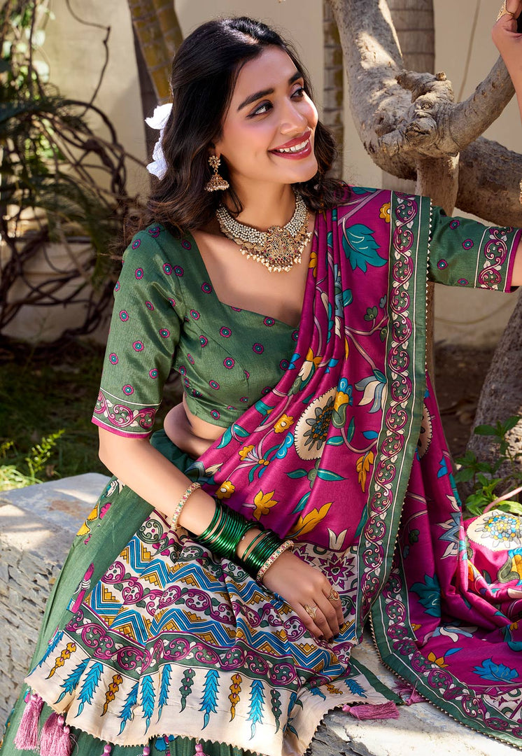Green Tussar Silk Lehenga Choli