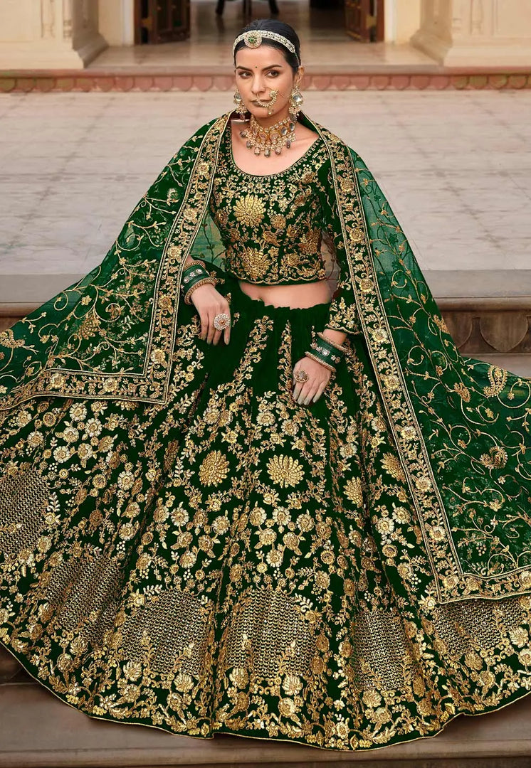 Green Velvet Bridal Lehenga Choli