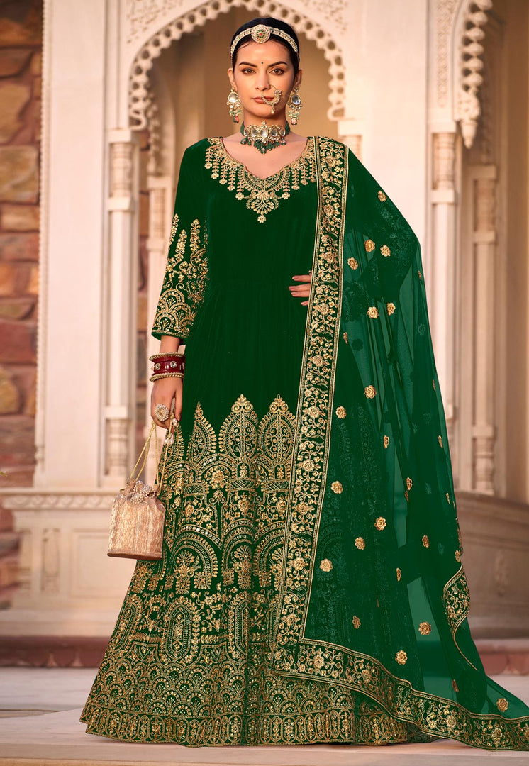 Green Velvet Long Anarkali Suit