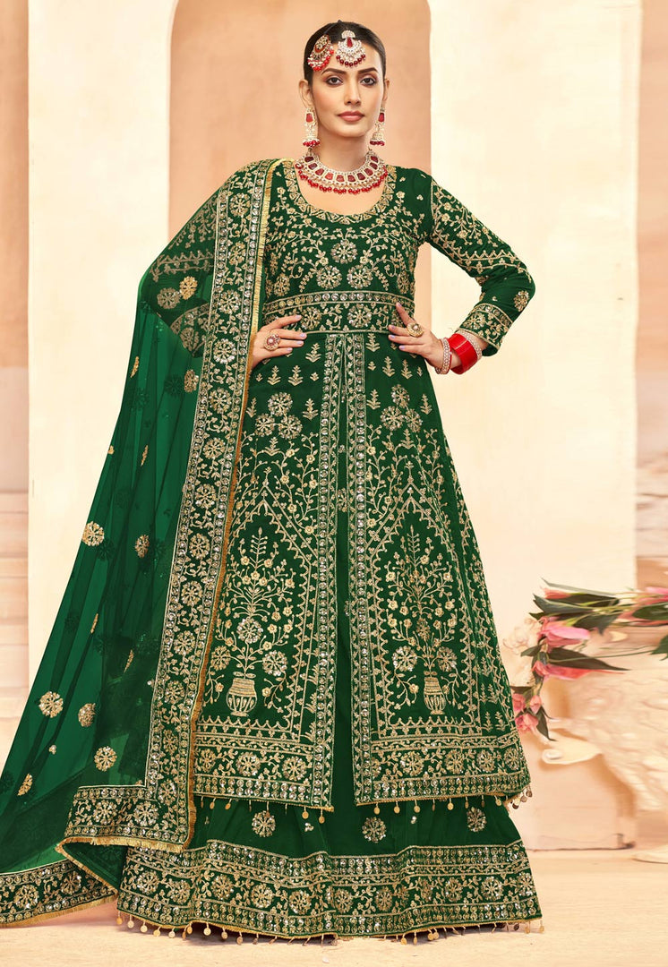 Green Velvet Long Choli Lehenga
