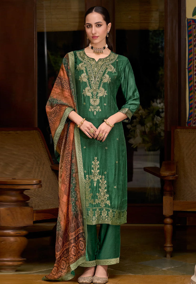 Green Viscose Jacquard Readymade Pakistani Suit