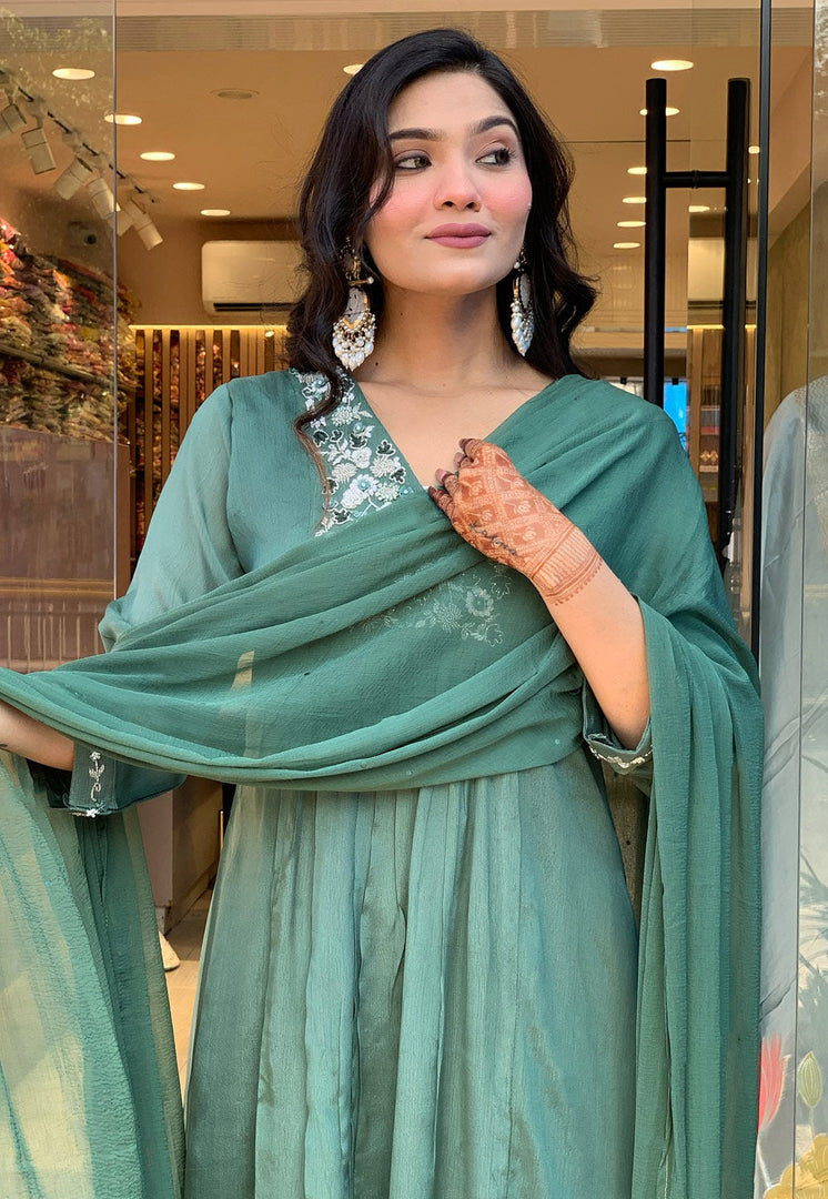 Green Viscose Readymade Anarkali Suit