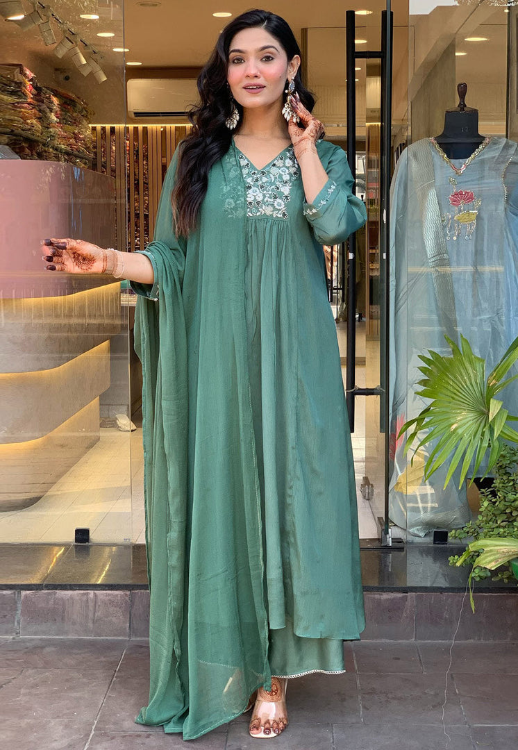 Green Viscose Readymade Anarkali Suit