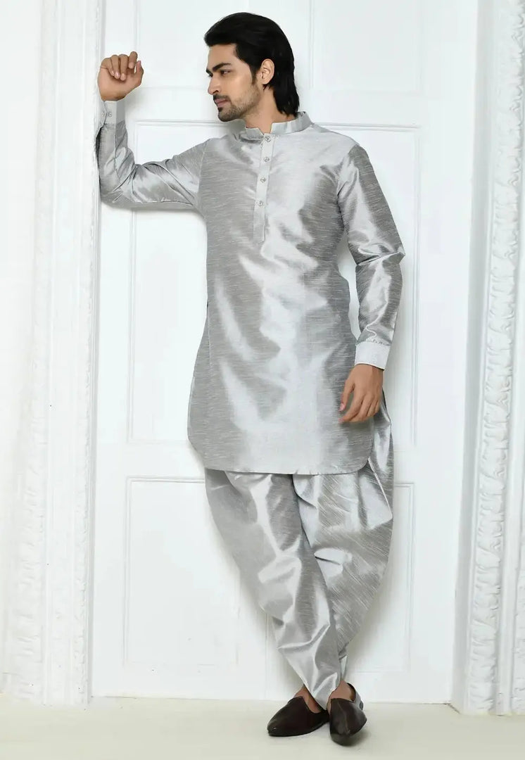 Grey Art Silk Dhoti Kurta